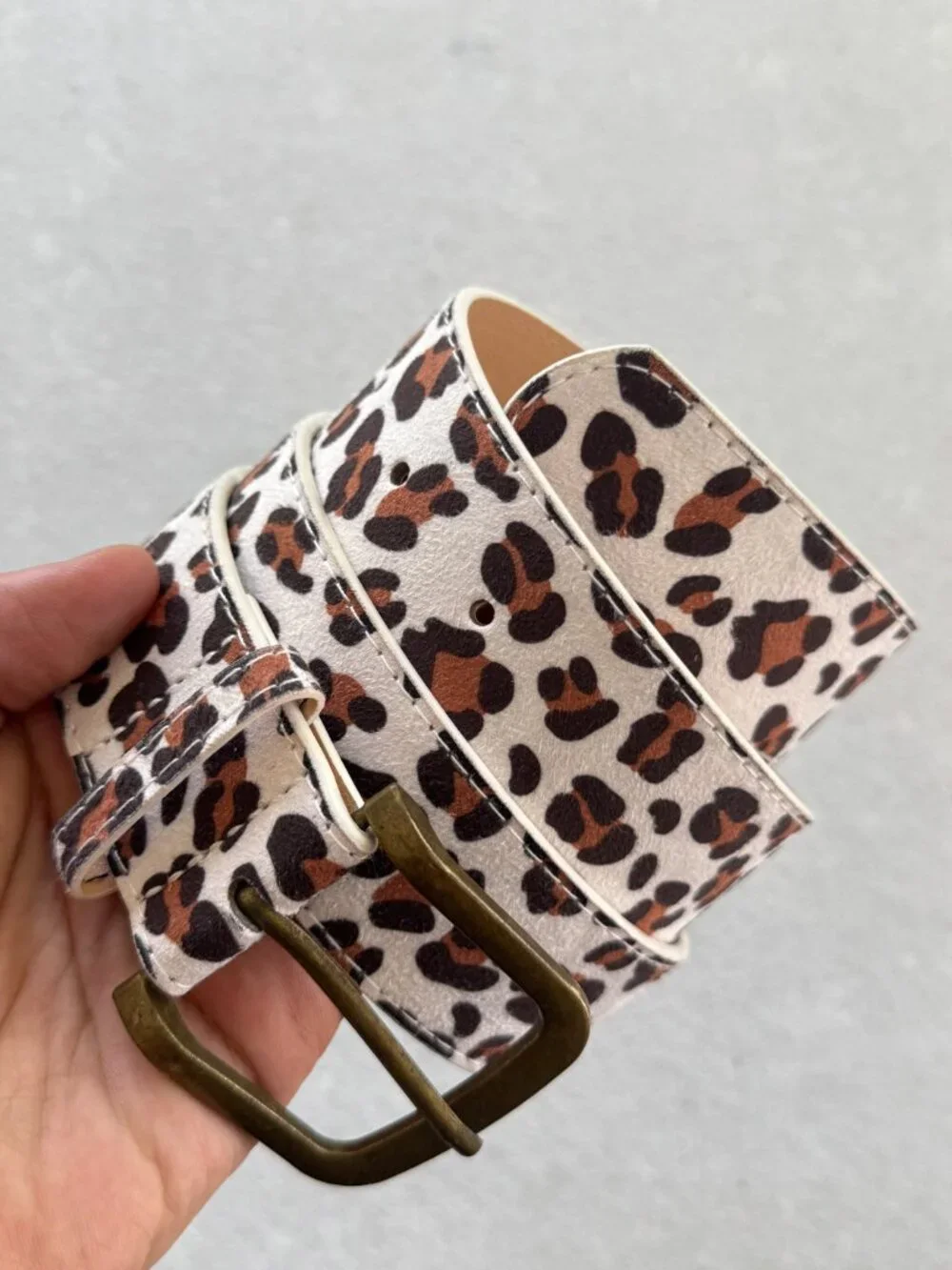 White Cheetah Print Bronze Buckle Unisex Belt